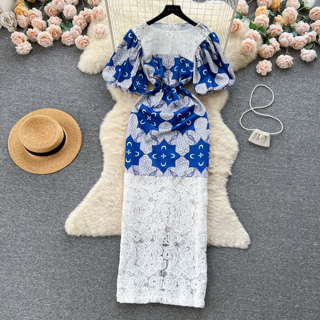 European and American dress autumn 2023 new niche design sense print contrast color patchwork long lace dress