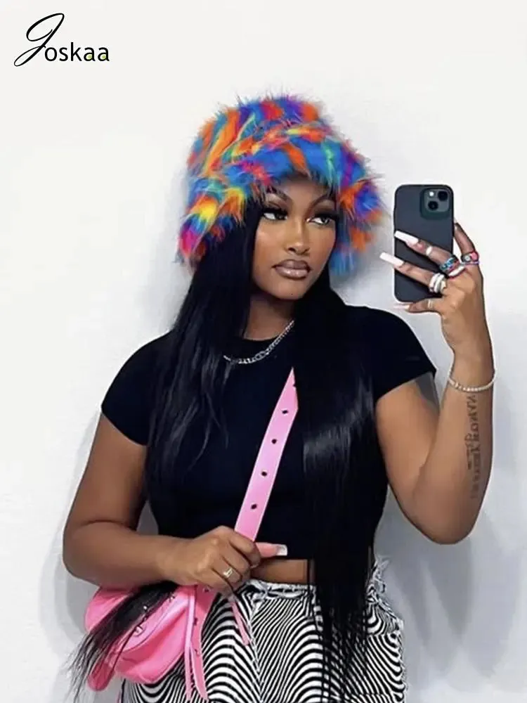 Wide Brim Bucket Hat: Joskaa Winter Womens Y2K Warm Rainbow Faux