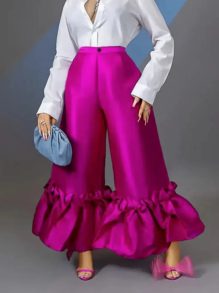 Pantalon Femme Capris Femmes Taille Haute Flare Pantalon Large Jambe Grande Taille Brillant Fuchsia Bell Bottoms Pantalon Habillé Femme À La Mode Party Club Tenues 4XL 230927