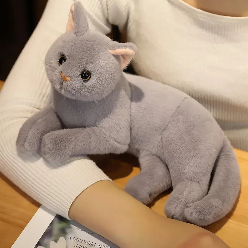 Plush Dolls INS Lifelike Real Prone Cat Plush Doll Stuffed Pure Colors Grey White Yellow Kitten Toy Pets Animal Kids Gift 230927