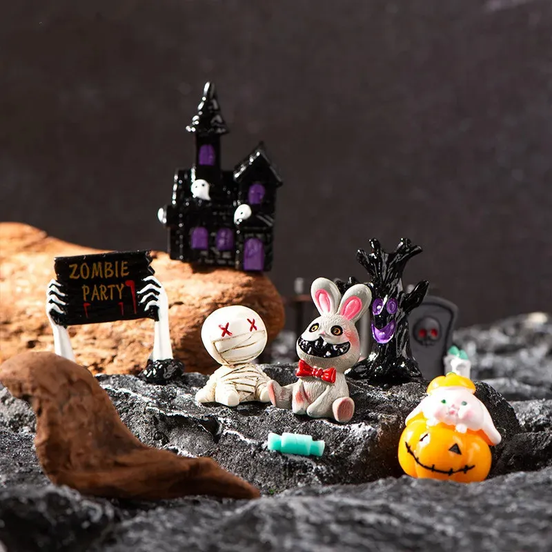 Dekorative Objekte Figuren Miniaturen Kürbisskelett Mumienschädel Mikrolandschaftsornamente für Halloween-Dekoration Hoom Schreibtischzubehör 230921