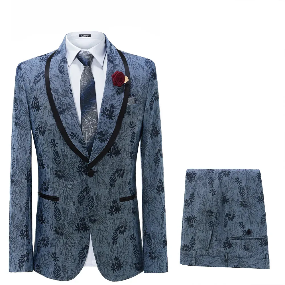 Mäns kostymer blazrar terno masculinos komplett denim blå jacquard blommor mäns bröllop kostymer gentlemen tuxedo ed lapel 2 stycke jacka byxa Slim 230927