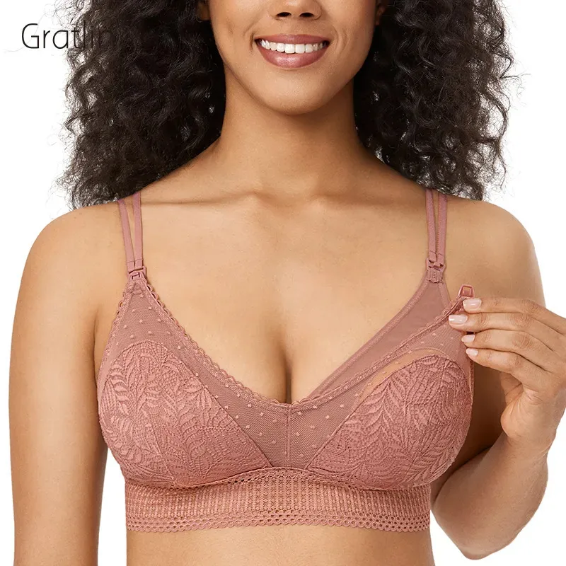 Maternité Intimates Soutien-gorge d'allaitement en dentelle de maternité légèrement rembourré Bralette sans fil pour femmes enceintes Sexy Double sangle Soutien d'allaitement SXL 230927