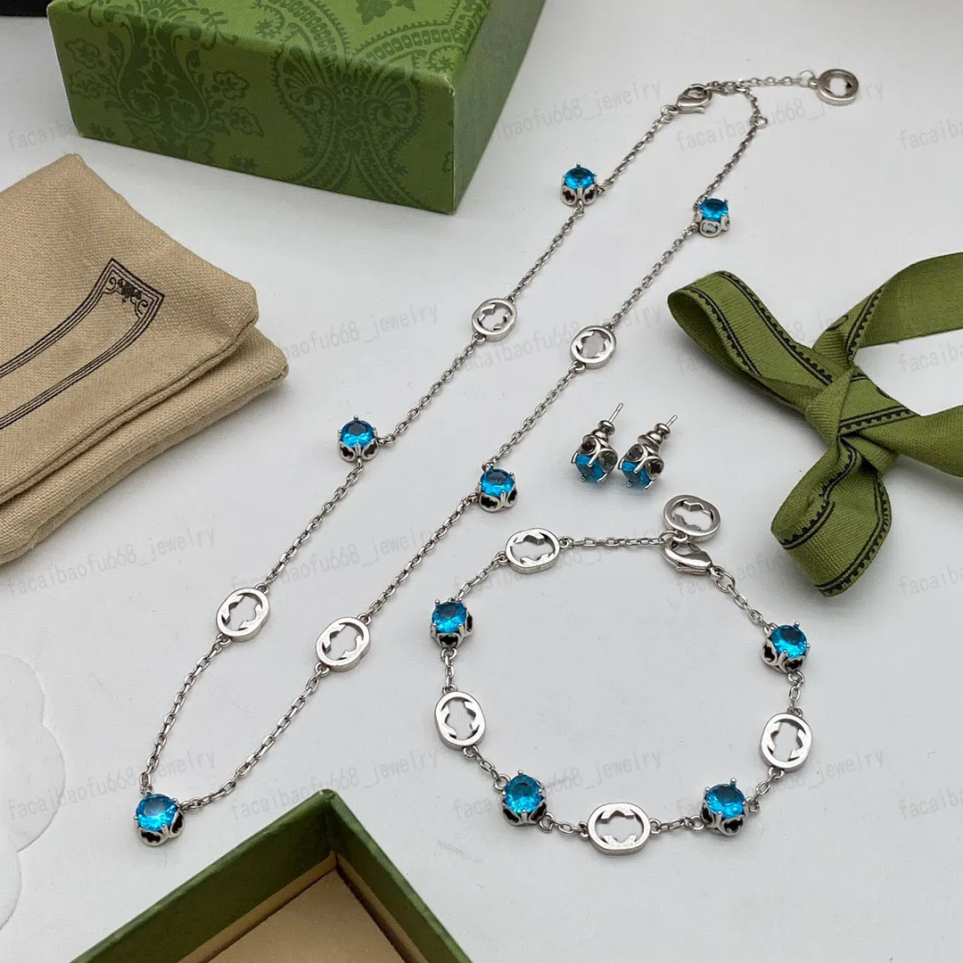 Collier de créateur Double Alphabet en cristal bleu, boucles d'oreilles, ensemble de mode, saint-valentin, noël, cadeaux