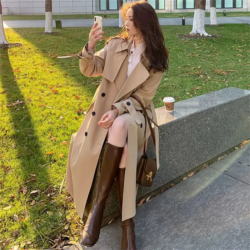 Kvinnor Trench Coats Streetwear Loose Coat Midi Längd mode koreansk elegant khaki svart vindbrytare avslappnad dubbelbröst toppar 230927