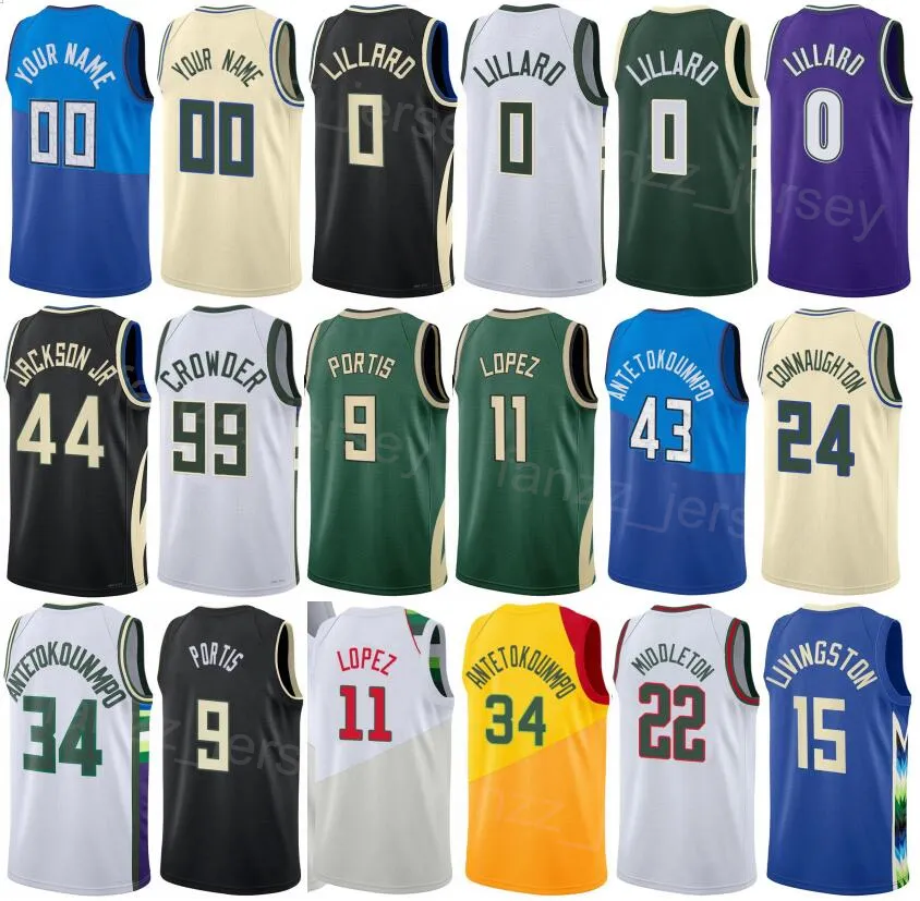 Tryckt tjänade basketutgåva Damian Lillard Jersey 0 Giannis Antetokounmpo 34 Andre Jackson Jr 44 Bobby Portis 9 Chris Livingston 15 Khris Middleton 22 Man Kids