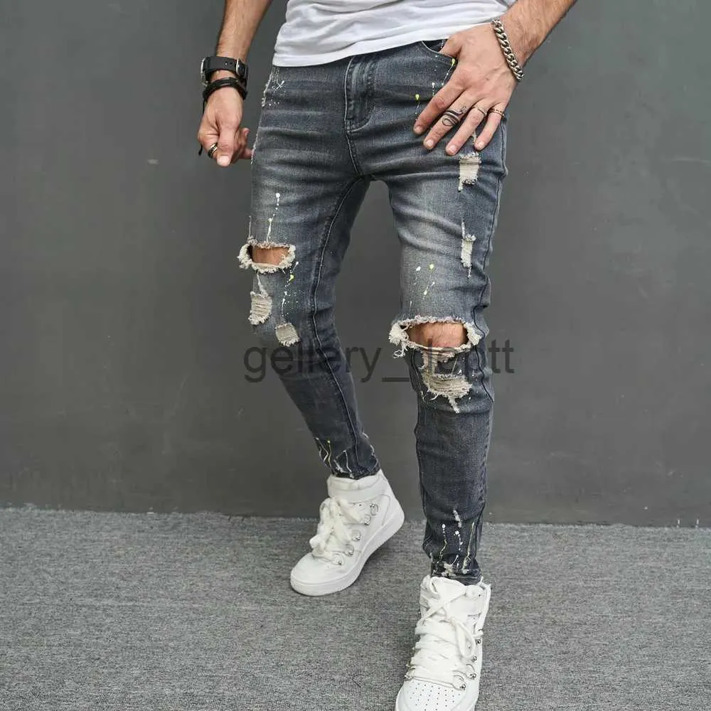 Men's Jeans New Men Stylish Ripped Skinny Pencil Jeans Pants Streetwear Male Hip Hop Holes Stretch Slim Denim Trousers J230928