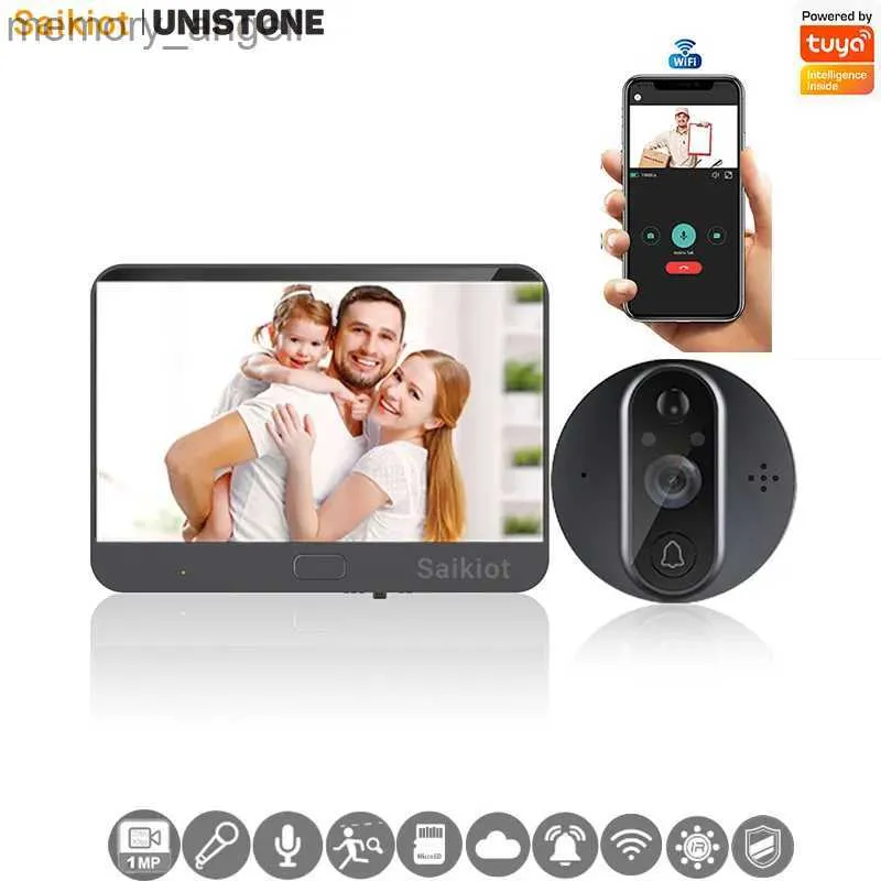 Campainhas Saikiot Tuya Smart Wireless Video Campainha 1080P WIFI Peephole Fisheye Câmera Áudio bidirecional PIR Detecção de movimento Eyecat Campainha YQ230928