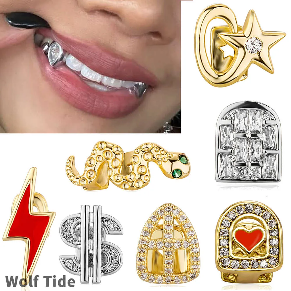 18K Gold Single Grillz Zahnspange Hip Hop Iced Zirkonia Pentagramm Zähne Dental Mund Fang Grills Zahnkappe Halloween Party Vampir Rapper Körperschmuck Großhandel