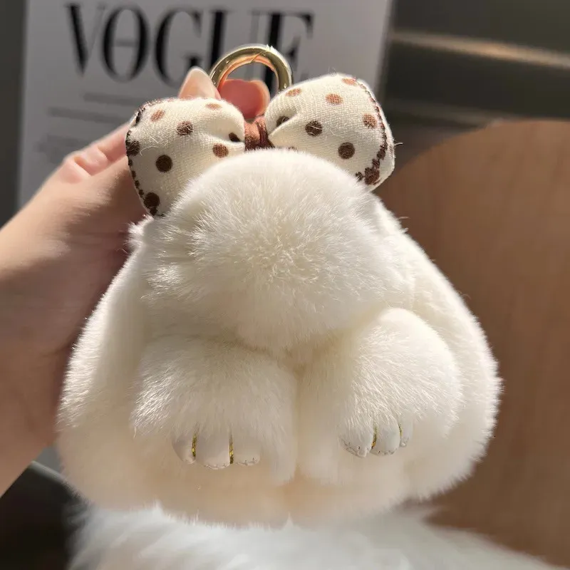 Plush Keychains Keychain Ring Pompom Bunny Trinket Key Chain Charm Cute Key Ring on Bag Car Key Pendant Lapin Fluffy Real Fur Metal Color Style 230927