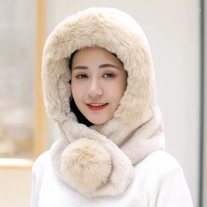 Hats Scarves Gloves Sets Plush Hat Female Autumn Winter Ear Protection Warm Scarf One Girl Lovely Women Lmitation Fur Coral Velvet Beige