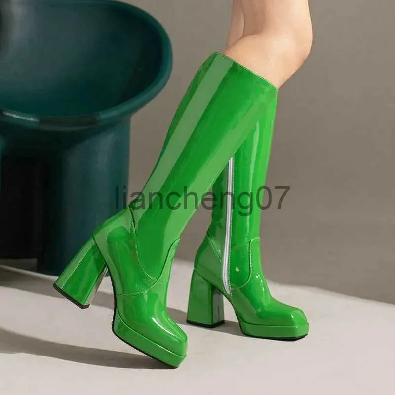 Boots 2022 Women Knee High Boots Platform Thick High Heel Ladies Calf Boots Patent PU Leather Square Toe Zipper Dress Women's Shoes x0928