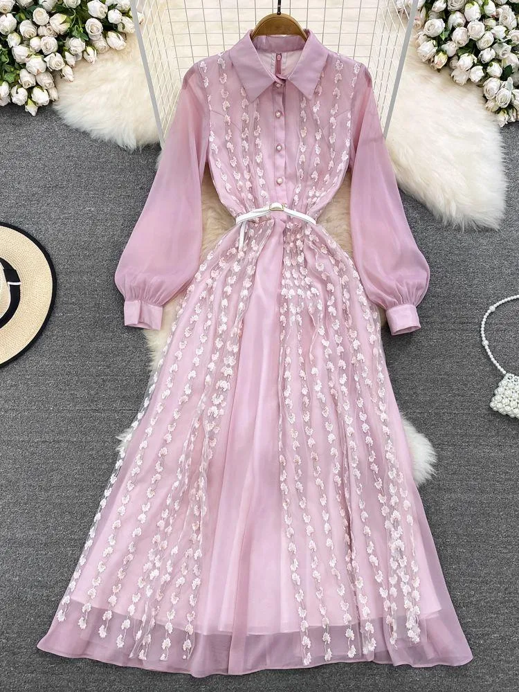 Casual Dresses Spring Summer Elegant Flower Embroidery Dress Women Lapel Long Lantern Sleeve Lace Patchwork Silk Georgette Belt Maxi