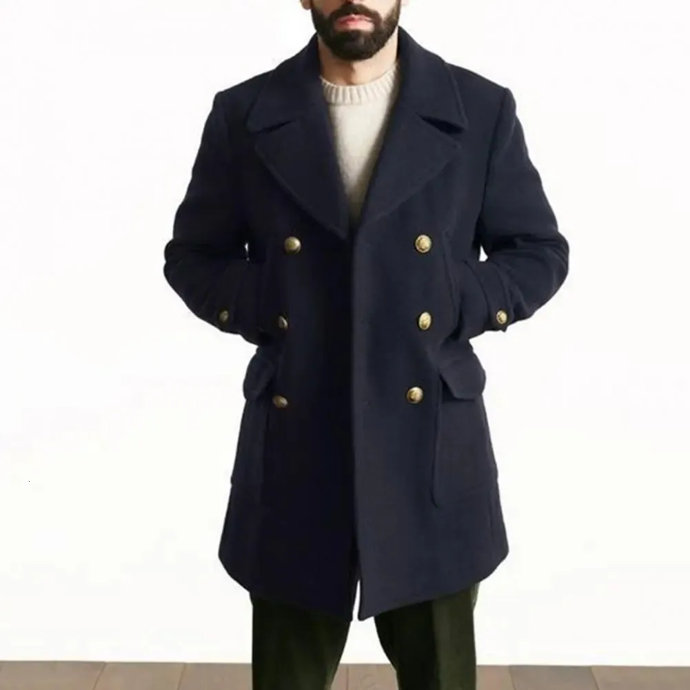 Mélanges de laine pour hommes Manteau formel à revers de style britannique Trench mi-long avec design à double boutonnage Poches à col rabattu 230928