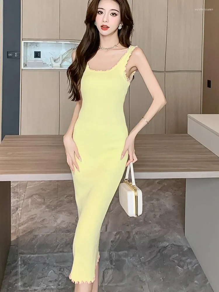 Casual Dresses Runway French Knit Sleeveless Slim Tank Summer Elegant Patry Yellow Ruffle Mid Length Dress Femmes Vestido