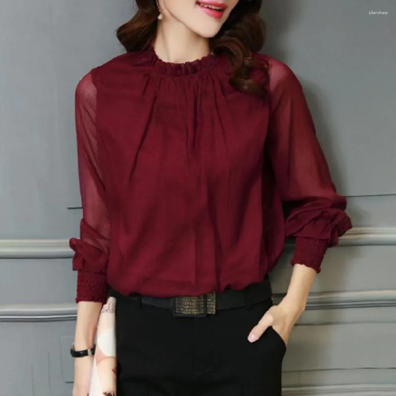 여자 블라우스 세련된 여자 셔츠 그물 메쉬 소매 작업복 가벼운 한국 스타일 쉬폰 블라우스