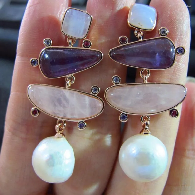 Dangle Earrings Natural Stone Amethyst Pink Quartz Freshwater Pearl Silver 925 Needle Long Drop Rose Gold Plated For Women