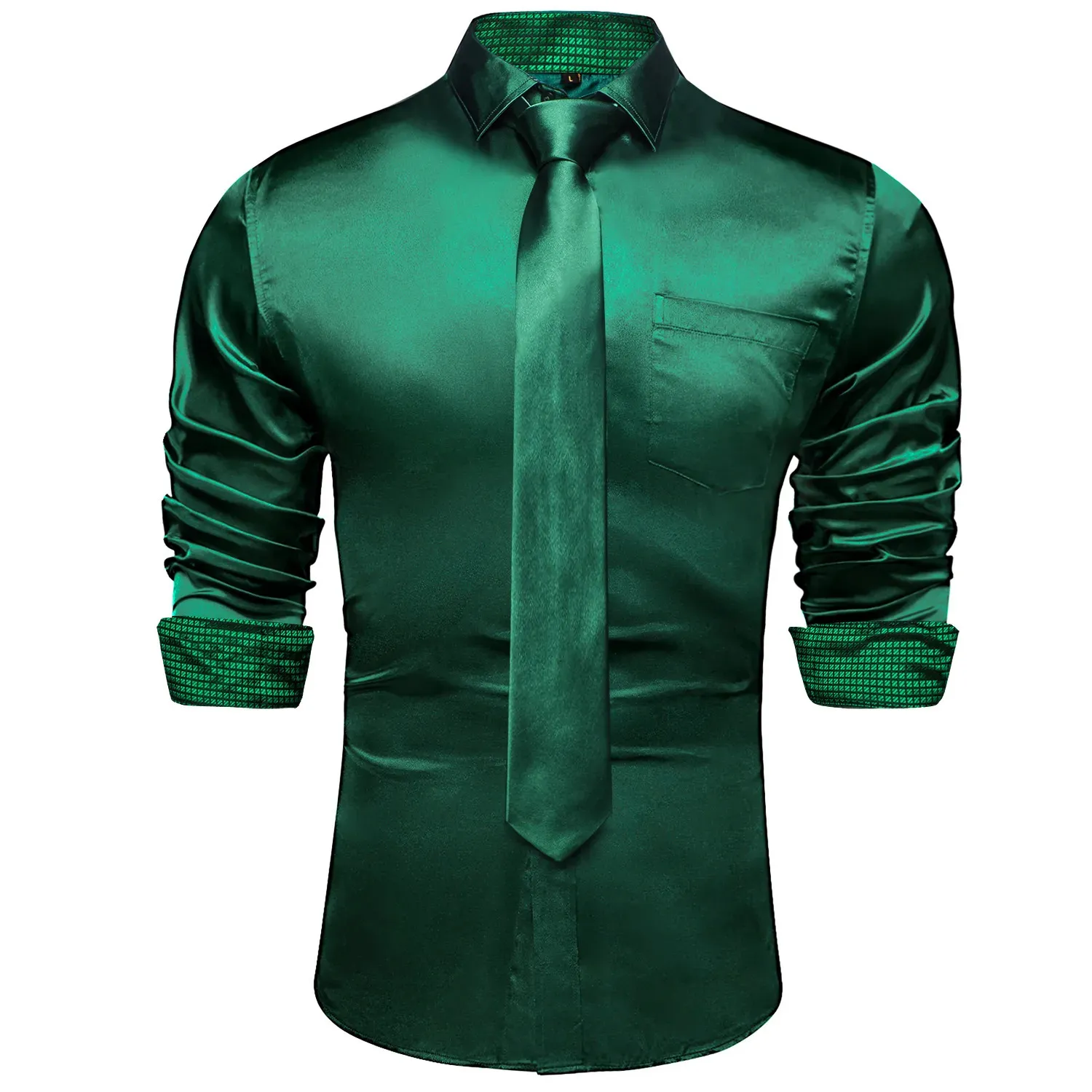 Herrklänningskjortor Green Plaid skarvning Kontrasterande färger långärmad för män designer stretch satin tuxedo skjortkläder blusar 230927