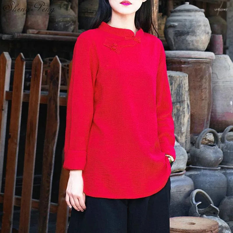 Abbigliamento etnico Camicia tradizionale cinese Camicette a maniche lunghe con colletto alla coreana Camicetta femminile in lino di cotone bianco Zen Q803