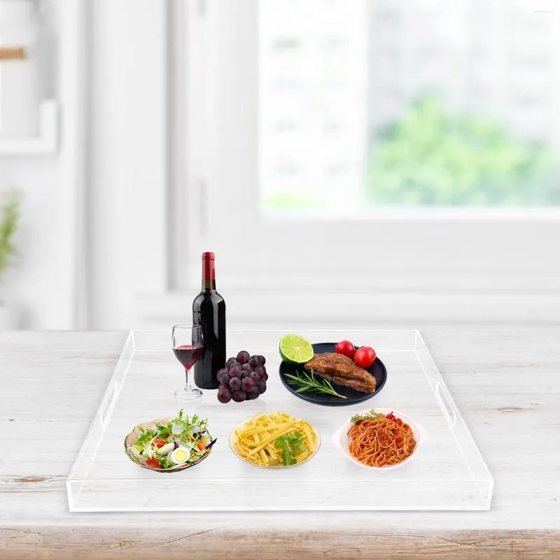 Plates Clear Extra Large Acrylic Serving Tray With Handles Oversize 23.92x23.92 Inch Spill Proof Decorative Trays Counter Top