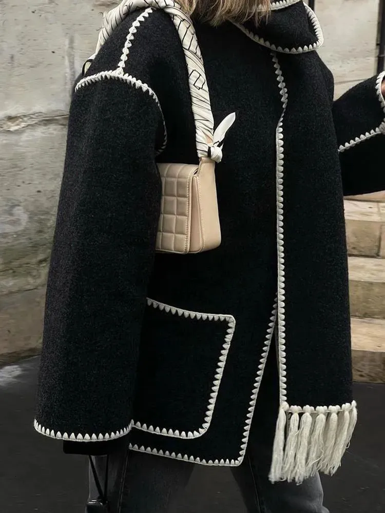 Kadın yünü karışımları Eşarp ile kaplama kış ayı gevşek uzun kollu tek göğüslü katlar kadın moda maçı tüm sıcak bayan ceket 230927