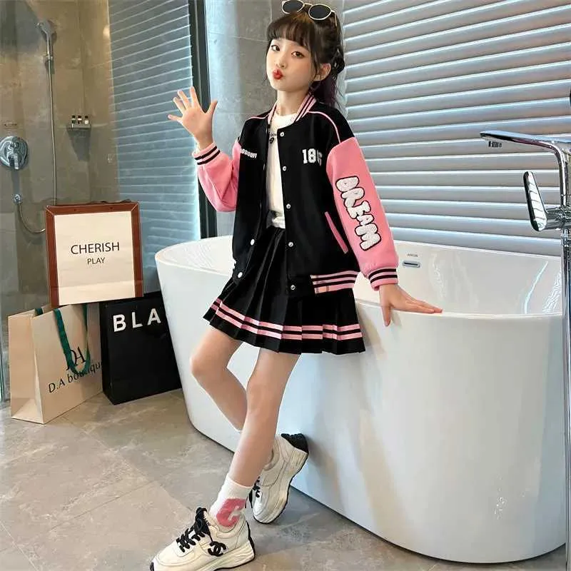 Family Matching Outfits Teen Girls Spring Baseball Uniform Suit Autumn  Fashion Letter Print Patchwork Jacket Coat + Pleated Skirt 2pcs JK Outfits