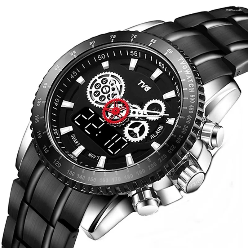 Wristwatches TVG Luxury Men Watches Military Sports Men's Steel Belt Calendar Week Multi-Function Dual Display Quartz