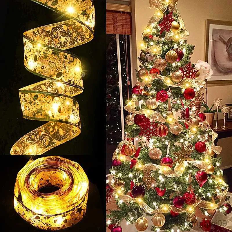 Decorações de natal fita de natal luz de fadas ornamentos de árvore de natal luzes da lâmpada guirlanda laço arco para navidad ano novo decoração de casa