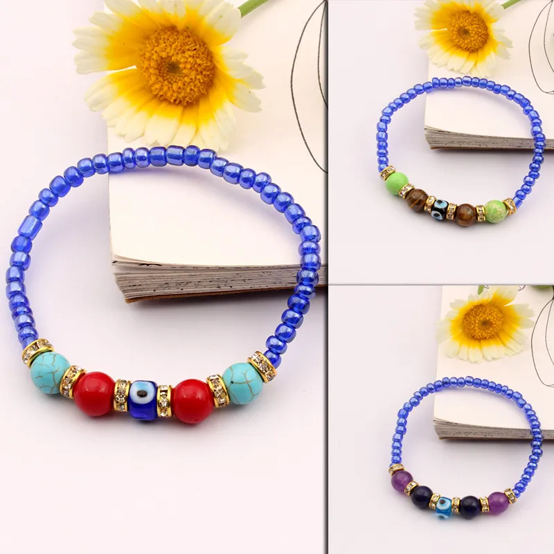 S3829 Fashion Jewelry Turkish Style Natural Stone Turquoise Evil Eye Bracelet For Women Blue Eyes Handmade Beaded Elastic Bracelet