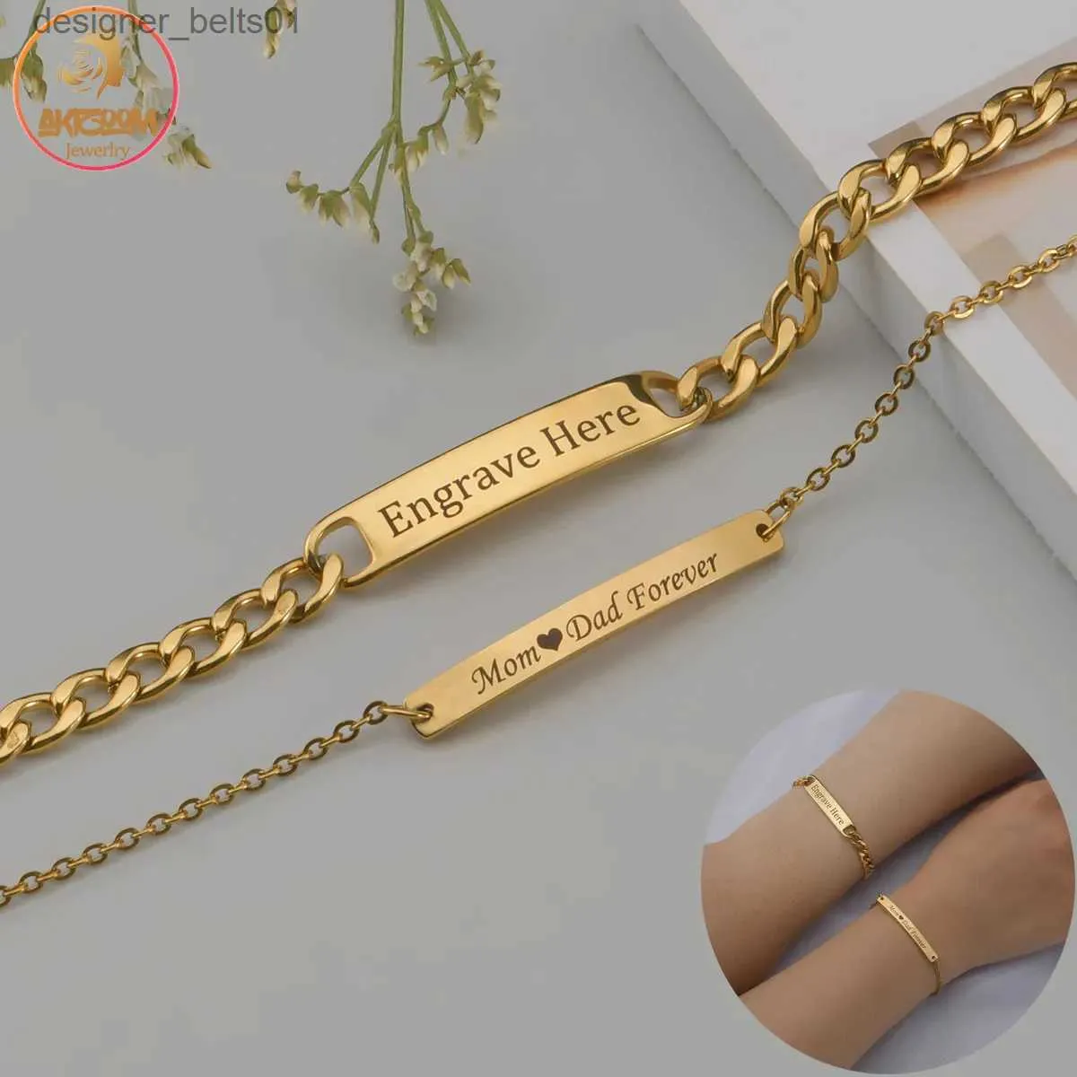 Charme Pulseiras Akizoom Punk Gravar Nome Pulseiras Personalizadas Cor de Ouro Aço Inoxidável Grosso Cadeia de Mão Personalizado Casal Homens Mulheres Jóias GiftL231214