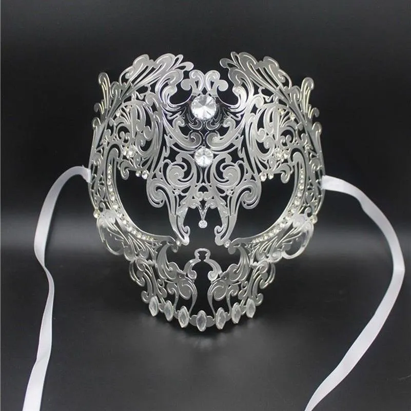 Masques de fête de mascarade d'argent découpés au laser en métal noir complet pour hommes et femmes, boule rouge en or strass, bal vénitien Ma211z