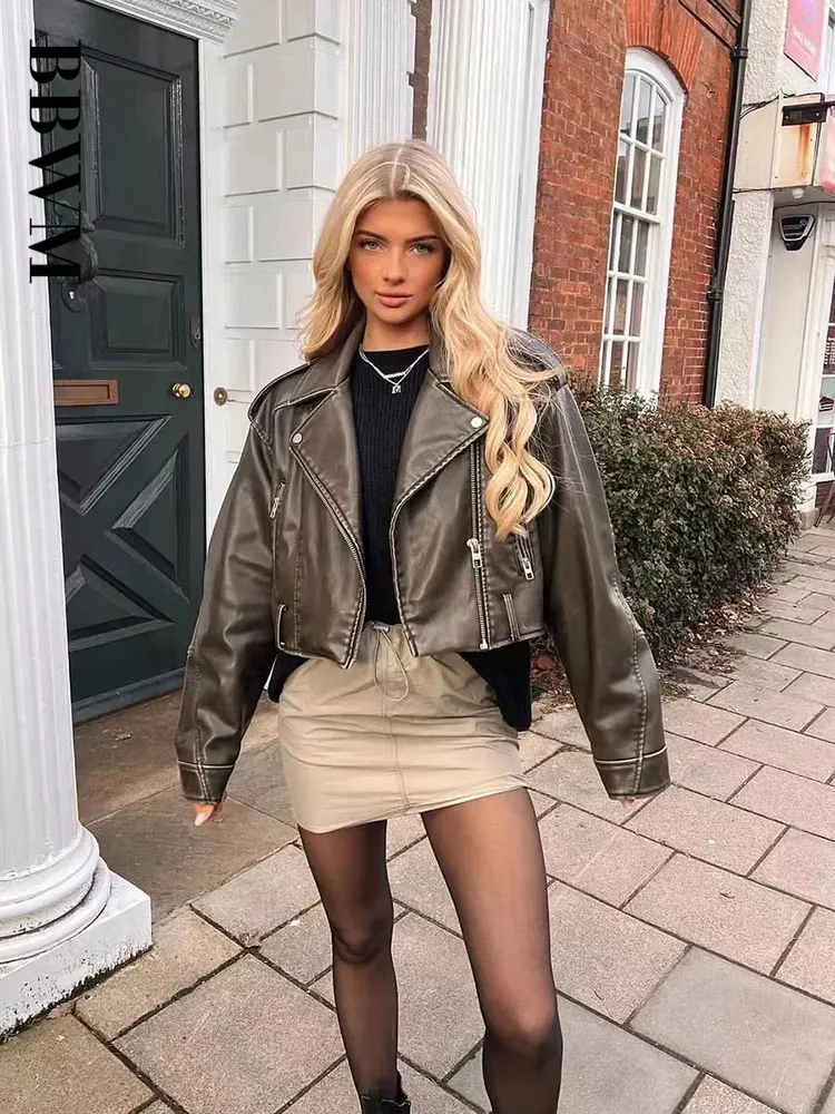 Femmes Vestes TRAF femmes surdimensionné Vintage lâche Pu simili cuir veste courte avec ceinture Streetwear femme fermeture éclair rétro Moto Biker manteau vêtements d'extérieur 230927