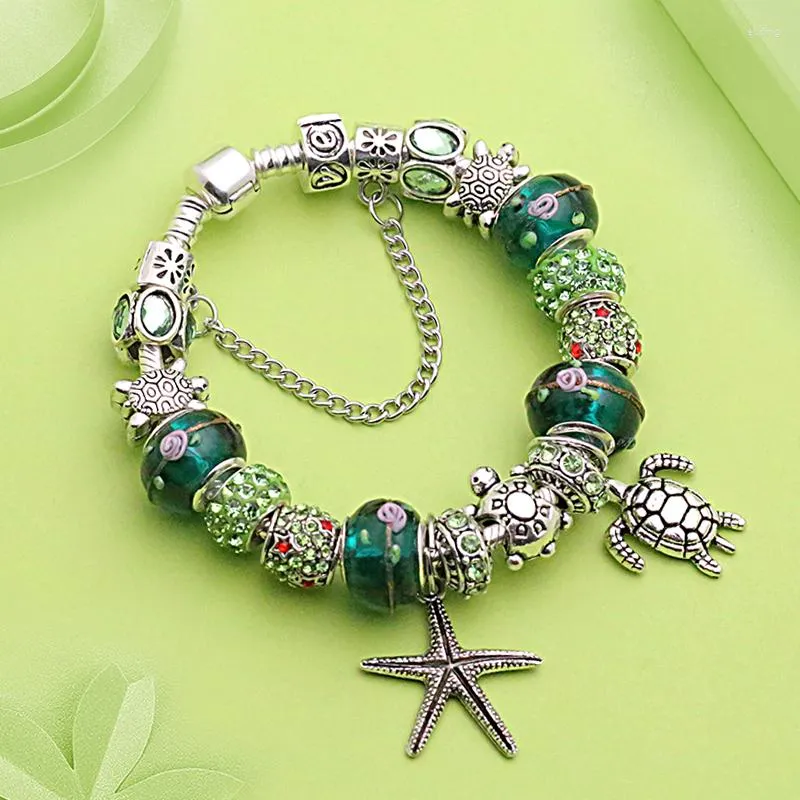 Charme pulseiras pulseira de cristal verde oceano animal tartaruga estrela do mar contas como presente de jóias