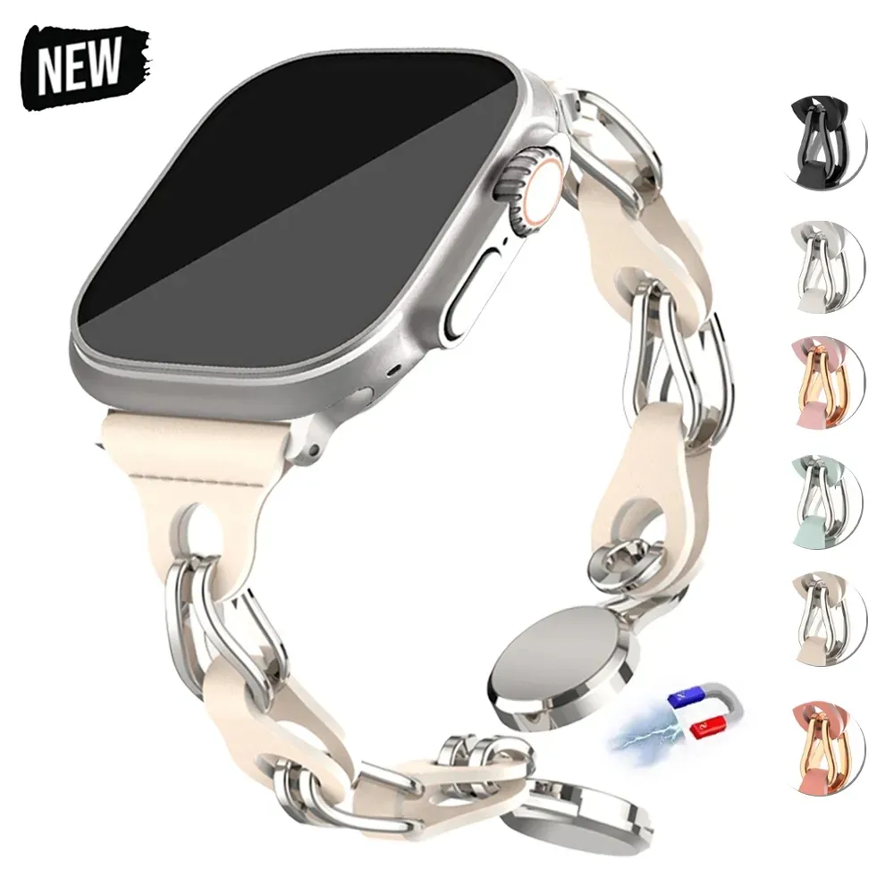 Bracelet métallique en cuir mince magnétique de luxe pour Apple Watch 9 8 7 iwatch Ultra 2 49 mm 41 mm 45 mm 44 mm 6 5 4 3 42 mm 38 40 mm Bracelet femme bracelet magnétique respirant