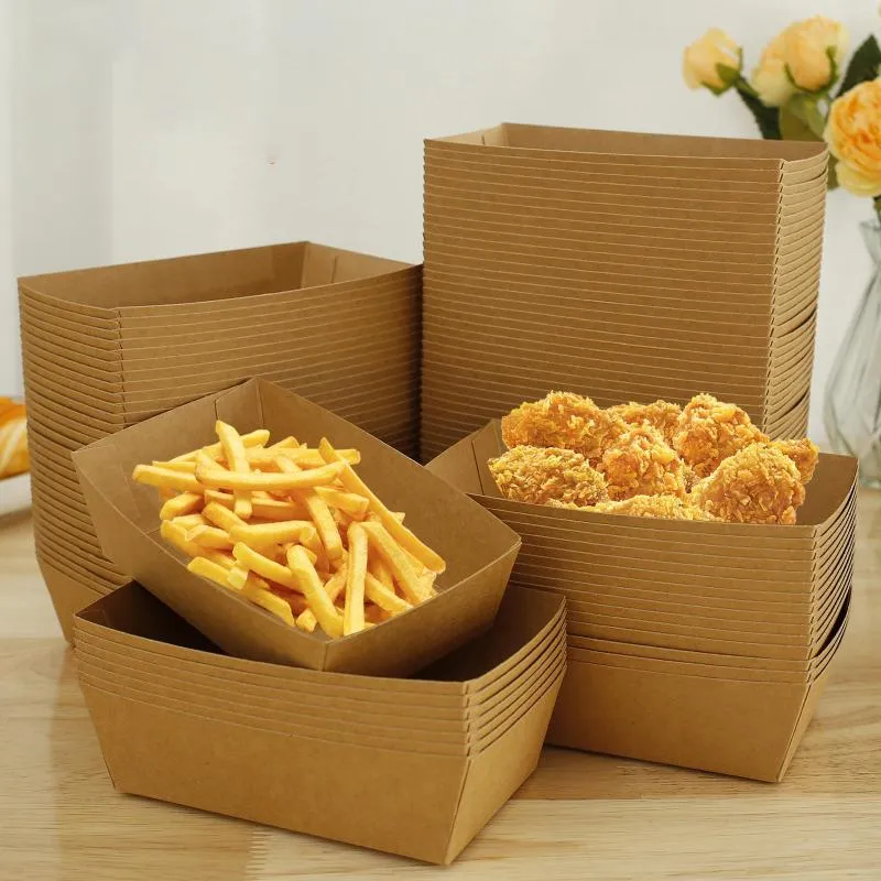 Take Out Containers 100Pcs Kraft Brown Paper Food Trays Oil Proof Snack Boat Christmas Birthday Party Supplies Baking Pans Kitchen Gadgets