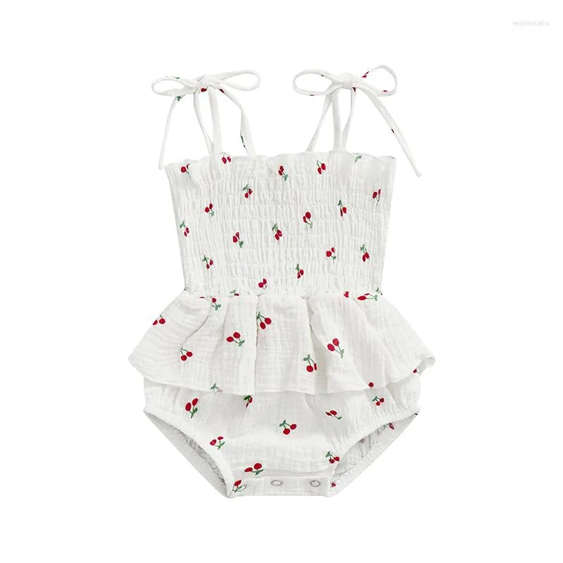 Rompers Spädbarn Baby Girls Sweet Romper Tie-up Spaghetti Straps Cherries Printed Ruffle Short Jumpsuit