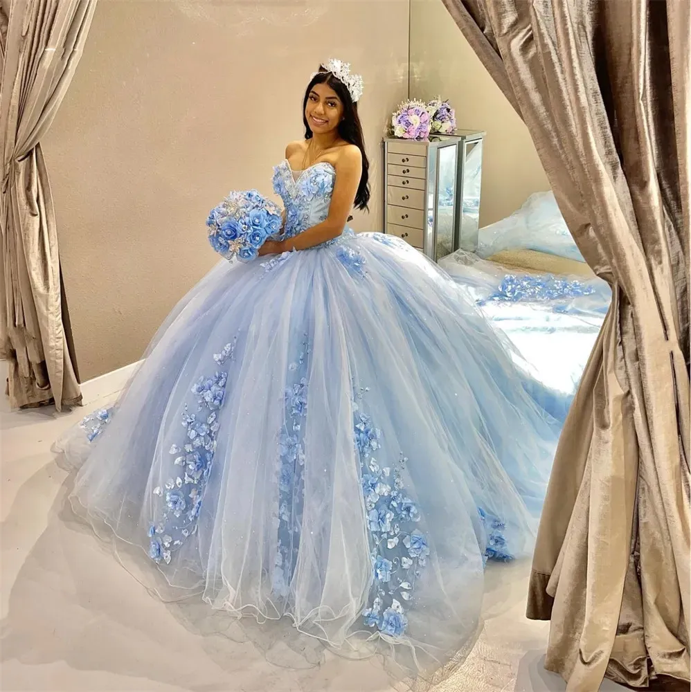 Blå älskling bollklänning quinceanera klänning för flickor pärlstav 3d blommor födelsedagsfest klänningar prom klänningar vestido de 15 anos