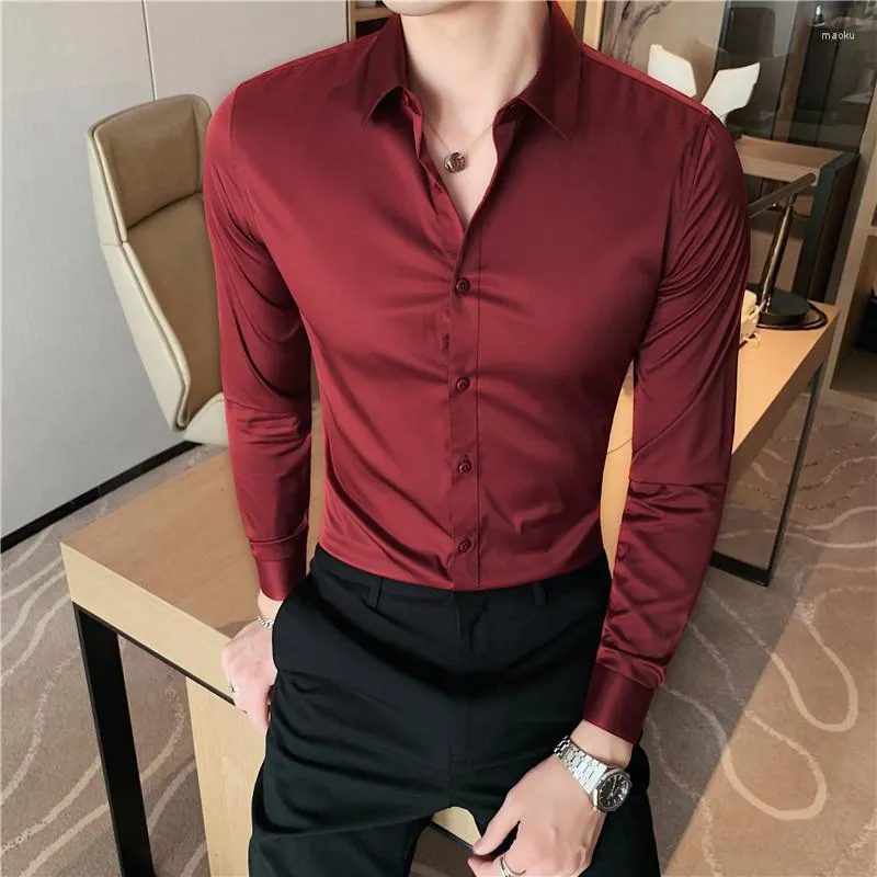 Mäns avslappnade skjortor klaret röd elegant klänning för mens bröllopsfest slit Slim fit gentleman kläder svartgrönt arbete topp social blus