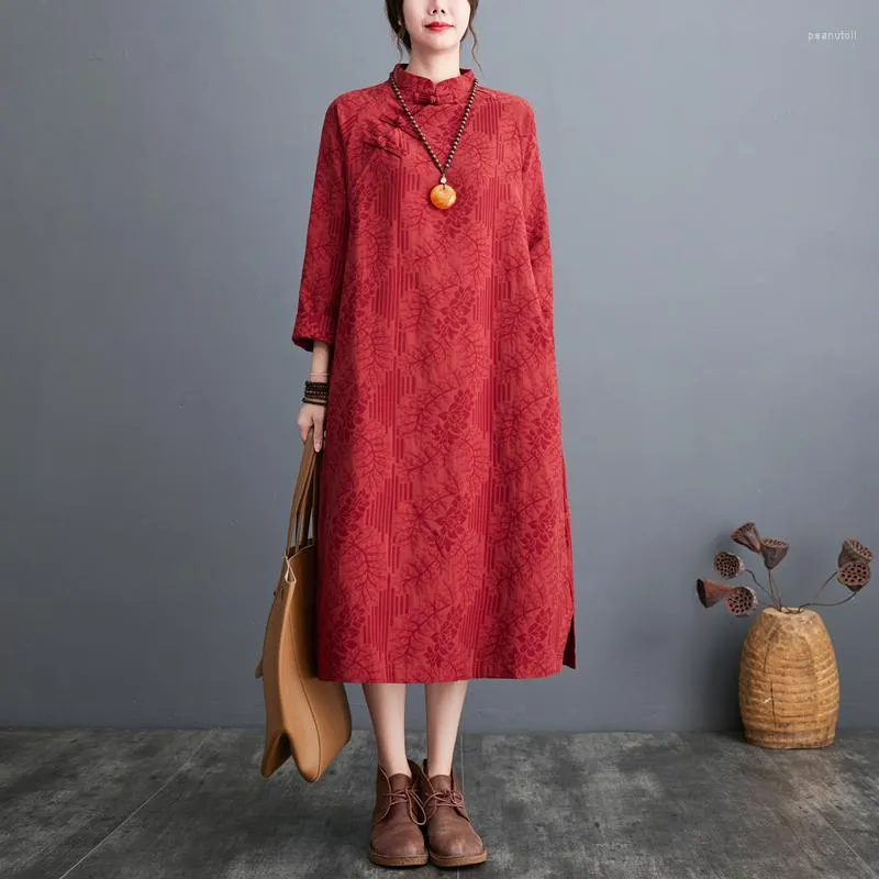Sıradan Elbiseler 2023 Stand yakası Vintage Çin tarzı Sonbahar Elbise Cheongsam Pamuk Blend Jacquard Moda Kadınlar Bahar