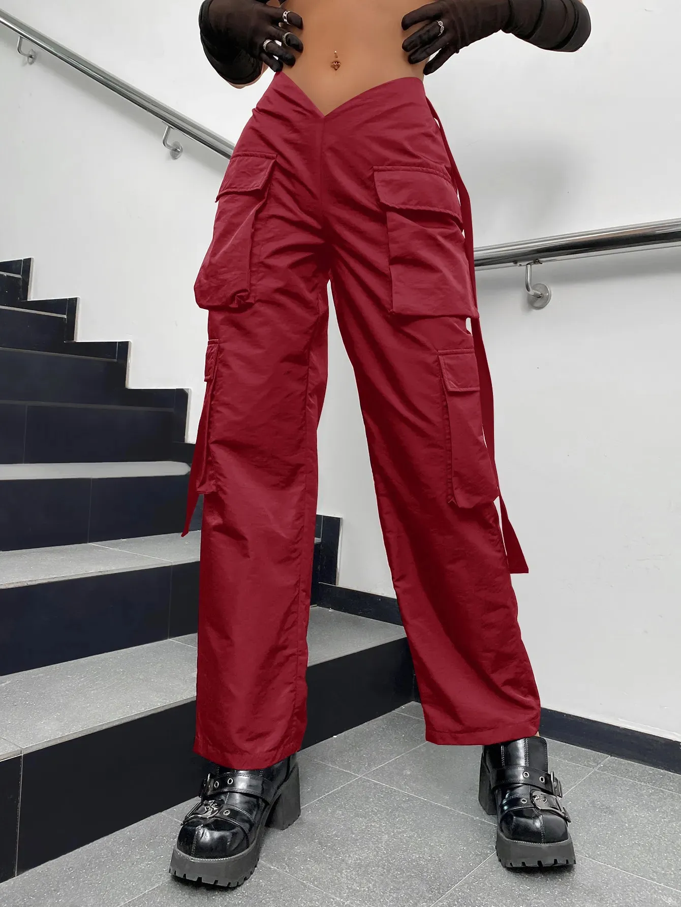 Womens Fashion Cargo Pants With Flap Pocket And Side V Waist