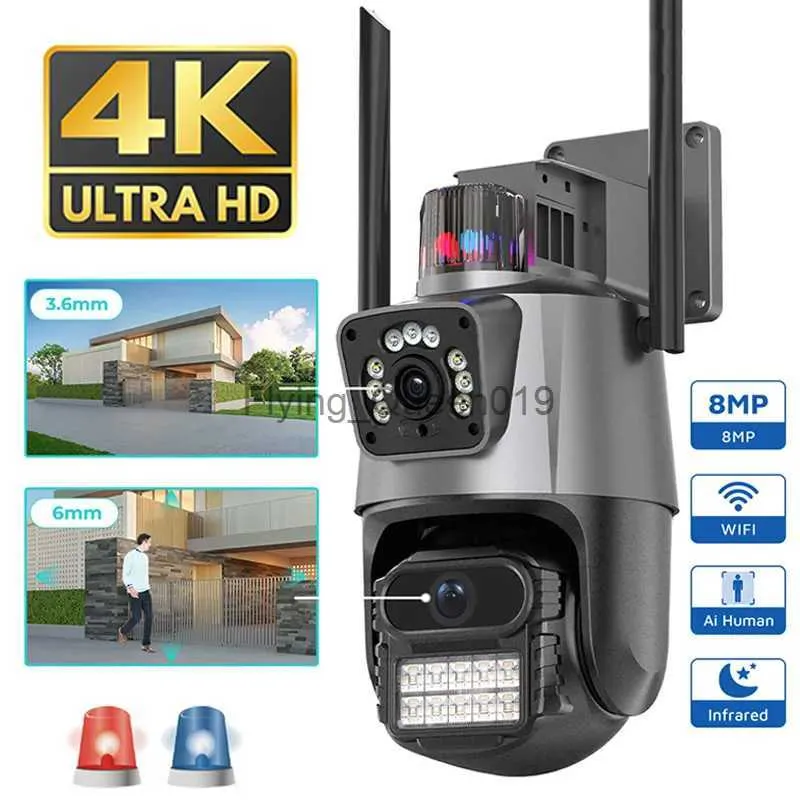 Obiektyw CCTV 8MP 4K WiFi kamera podwójna soczewka AI Auto śledzenie Wodoodporne zabezpieczenia CCTV kamera wideo Policja Light Alarm IP Kamera YQ230928
