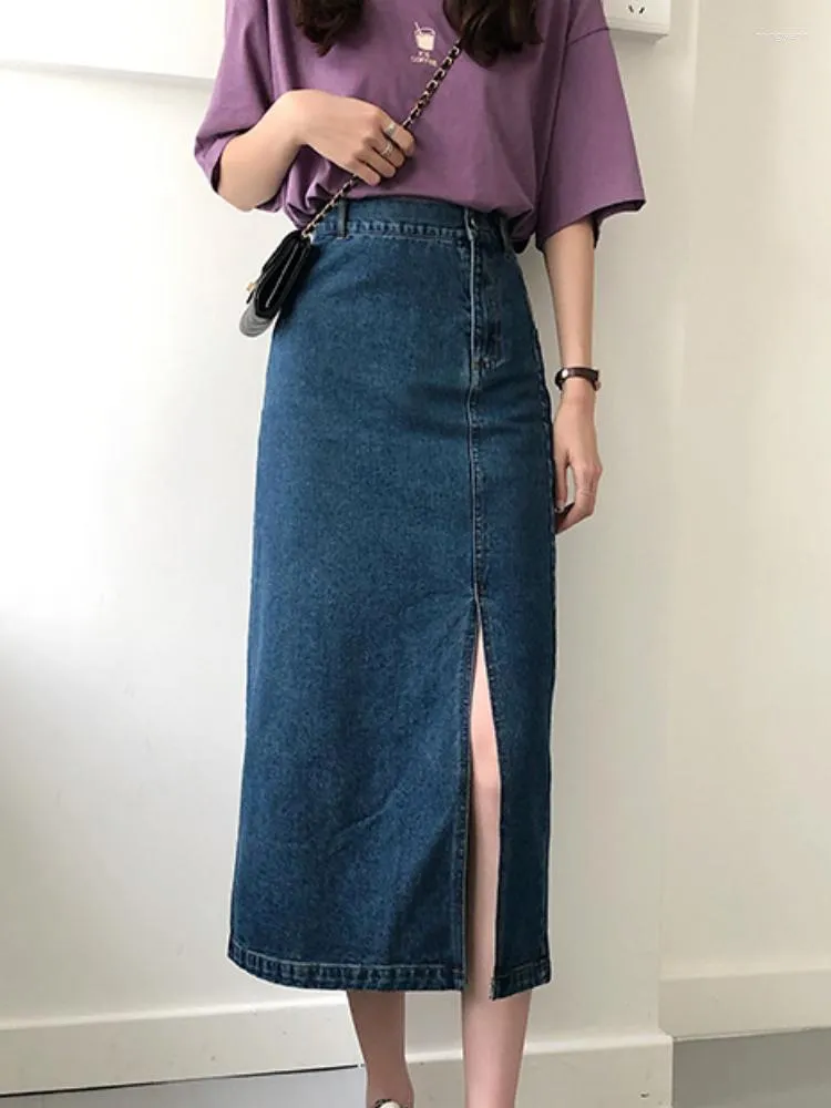 Skirts Women Denim Fashion Office Work Lady Side Slit Long Solid Casual Streetwear High Waist Skirt Mid-Calf