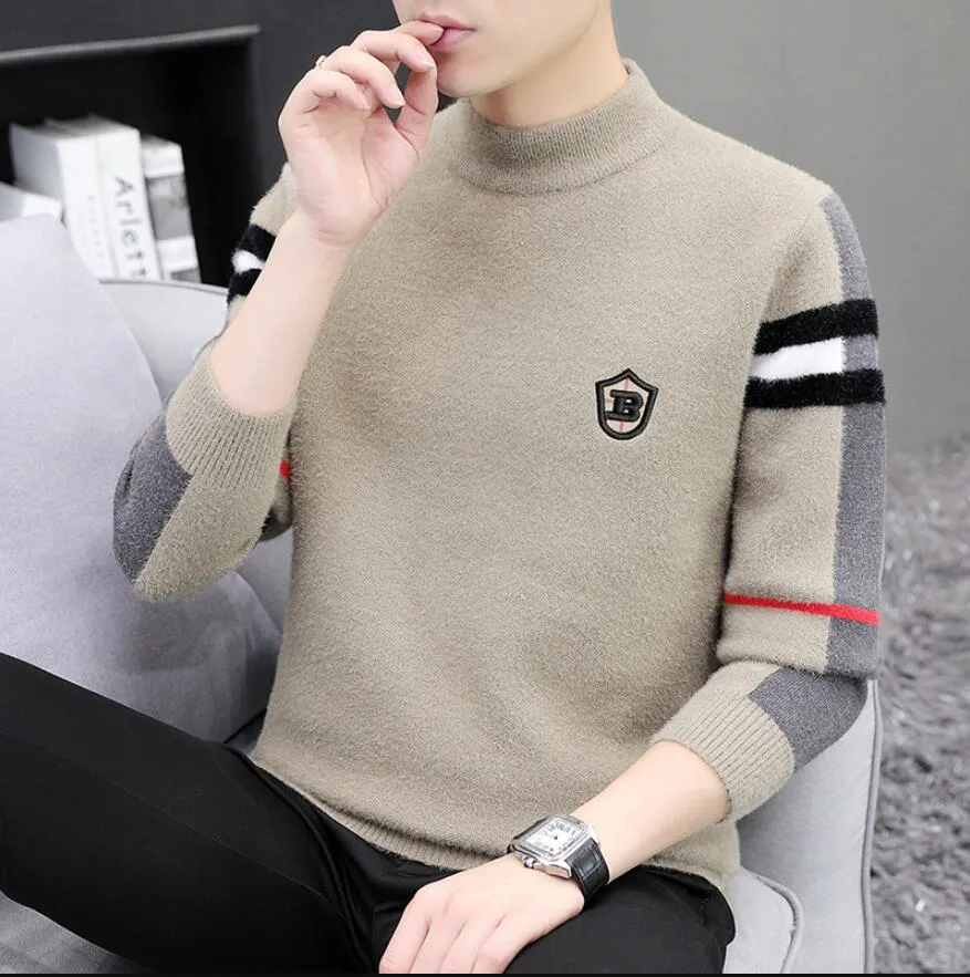 Vinter Men's Casual Thicken Warm Pullover stickad tröja Manlig modebroderi B Letter Youth Sweaters Slim Fiting Knit Plaid Sweaters Men Trendy Coats Tops