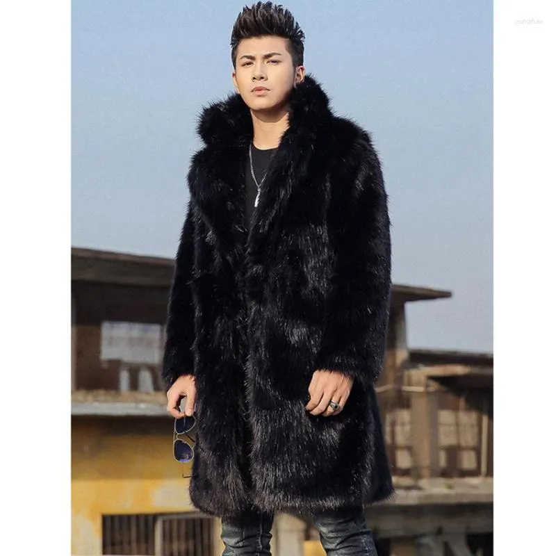 Trench da uomo Moda Nero Giacca in pelliccia sintetica Uomo Inverno Marca Lungo Parka Caldo addensare Cappotto Maschile Lusso Punk Outwear 6XL