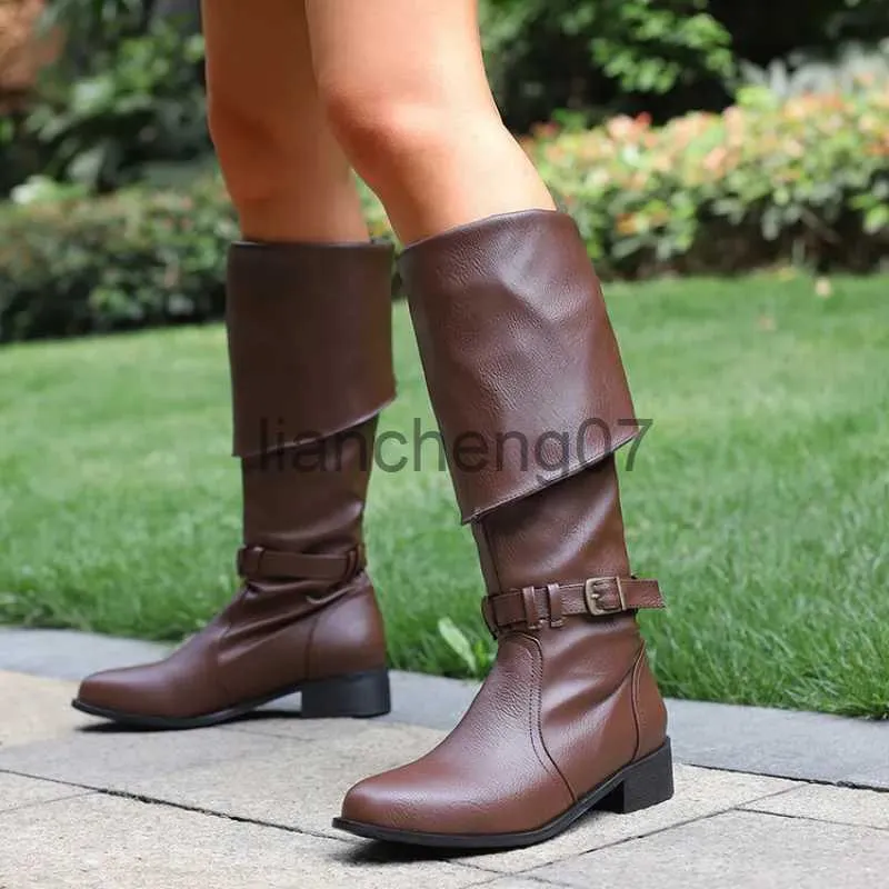 Boots 2023 New High Boot Belt Buckle Western Rider Boot Chunky Heel Punk Motorcycle Sleeve Over Knee Boot Rider Lady Boot Women Shoes x0928