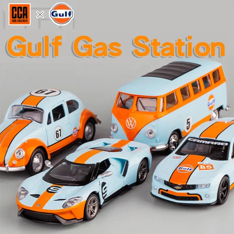 Diecast Model Car CCA Gulf Gas Station Fusca Bus Ford GT Camaro Racing Model Car Metal Diecast Miniature Vehicle Criança Brinquedo Carro Para Menino Presente 230927