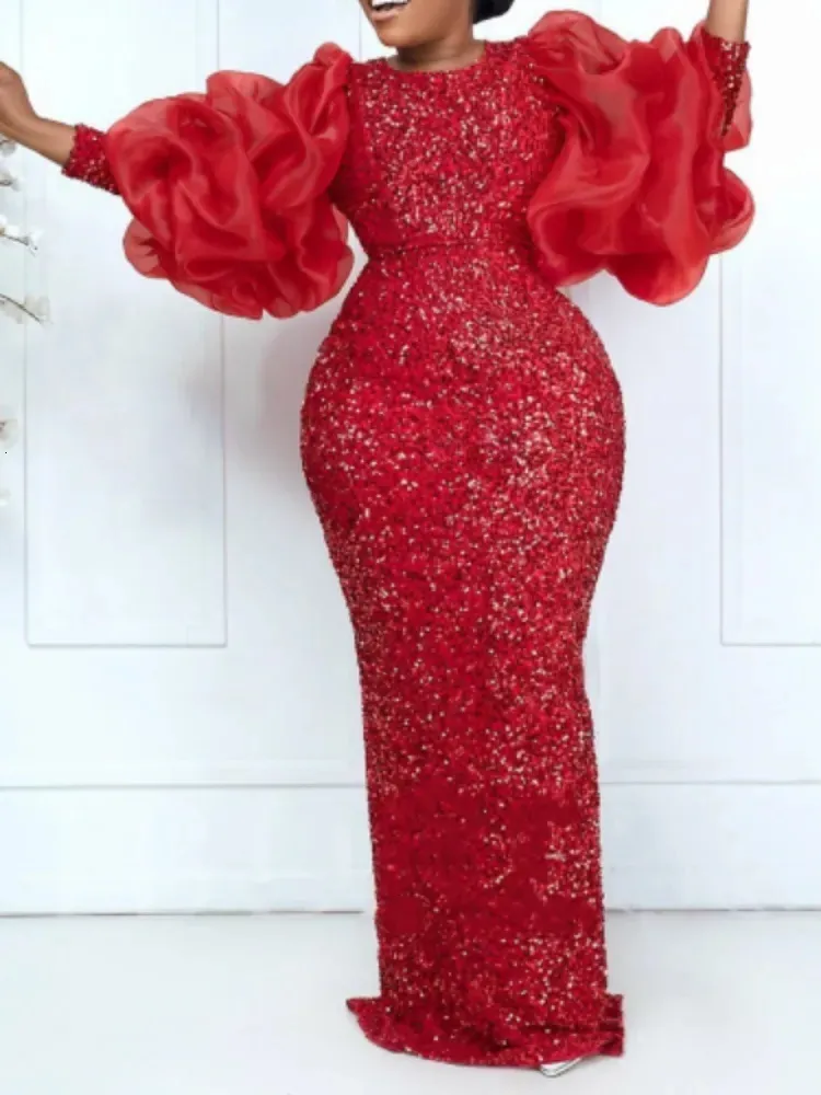 Vintage Sequin Floor Length Red Sparkly Dress for Women - Puffy Ruched Long Sleeve Crew Neck Sparkly Glitter Velvet Formal Evening Gown