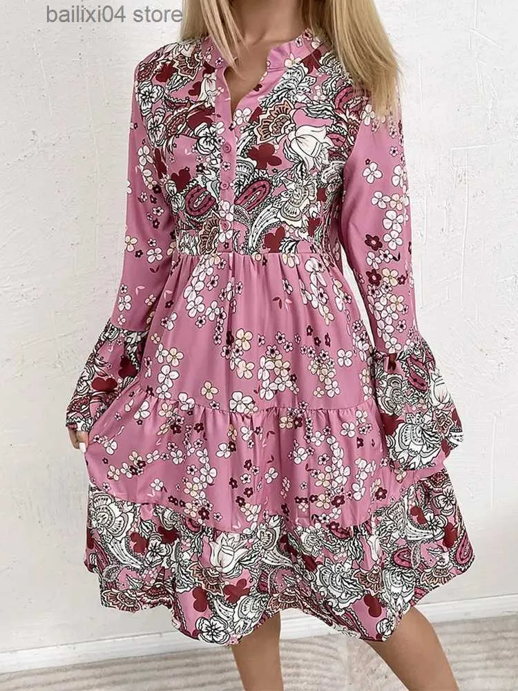 Basic Casual Dresses Ditsy Floral Paisley Print Bell Sleeve Casual Dress T230928