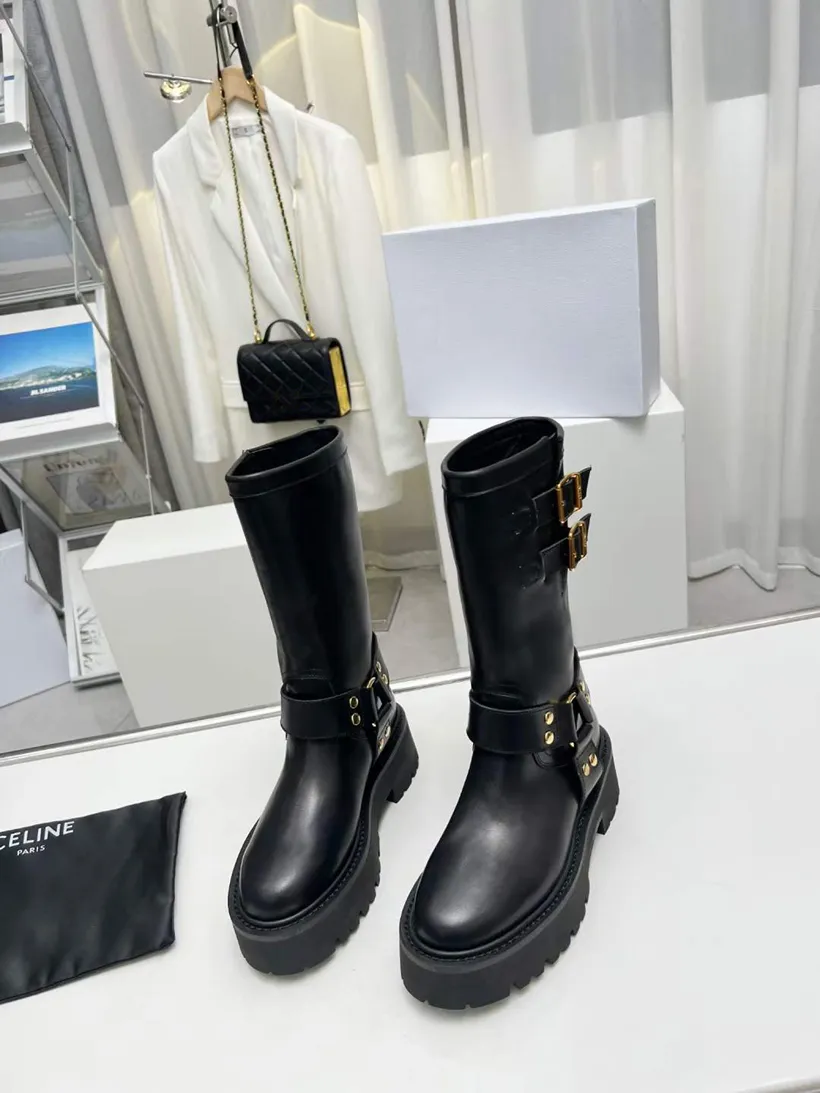 Luxury Women Long Boots Montezu Tall Boot Italy Trendy Platforms Waterproof Black Brown Leather Double Buckles Designer Classic Winter Idea Longs Bootes Box EU 35-40