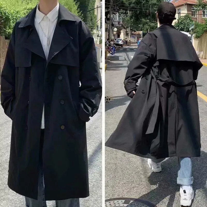 Casacos de trincheira masculinos primavera outono trenchcoat streetwear blusão negócios casual solto longo casaco masculino duplo breasted sobre o joelho casaco